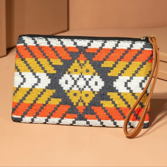 Handmade Hand Beaded Wristlet Clutch - Ethnic Inspired Design - Dyed Fine Cotton - Picture 3 of 6